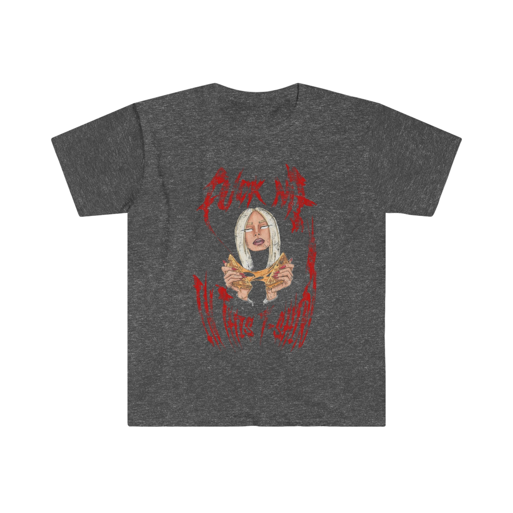 A black tee shirt with a printed design in the center chest that says "Fuck Me In This T-Shirt" with a female character in the middle